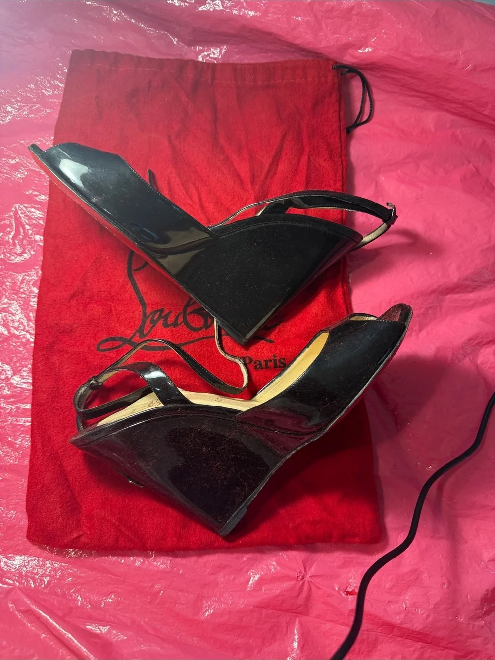 Christian Louboutin Black Patent Peep-Toe Ankle-Tie Heels